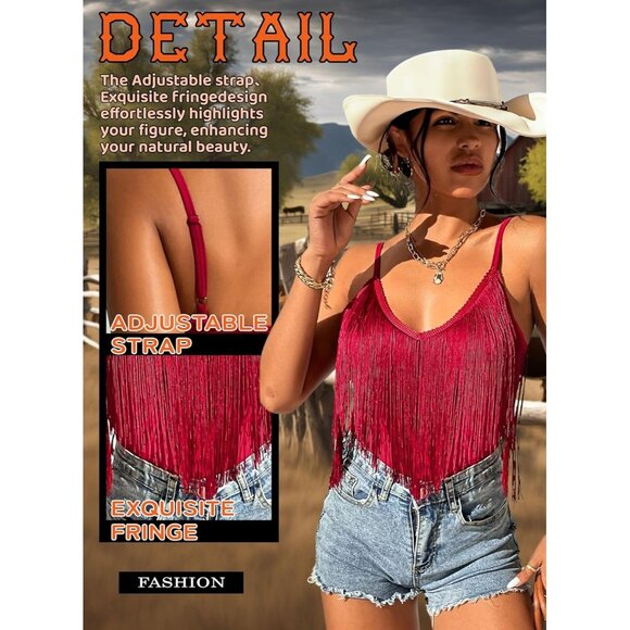 Women's Red Fringe Tank Top Western Festival Clothing Cowgirl V Neck Outfits - Picture 2 of 6